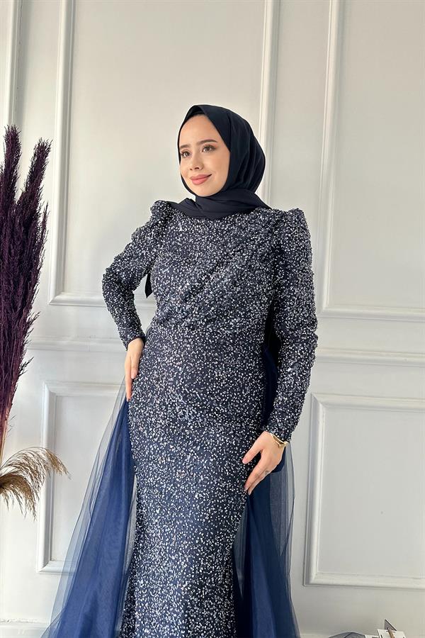 HENNİN KOMPLE PUL ARKASI TÜL ABİYE 4783 Lacivert