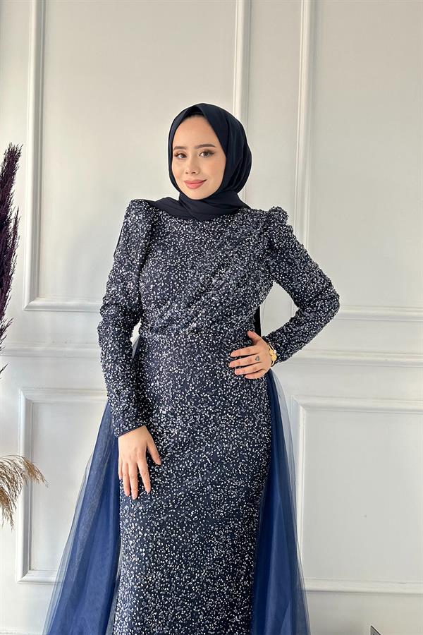 HENNİN KOMPLE PUL ARKASI TÜL ABİYE 4783 Lacivert