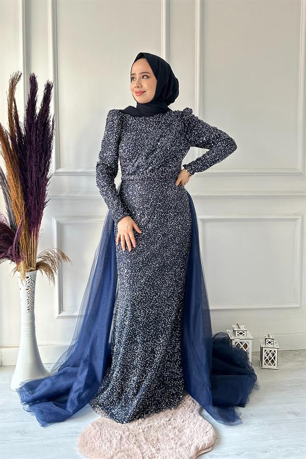 HENNİN KOMPLE PUL ARKASI TÜL ABİYE 4783 Lacivert