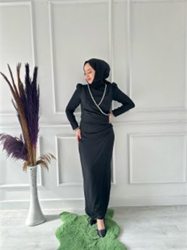 kolu inci detay hennin abiye 4711 Siyah