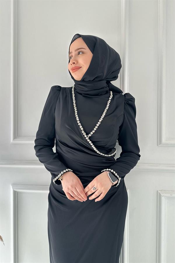 kolu inci detay hennin abiye 4711 Siyah