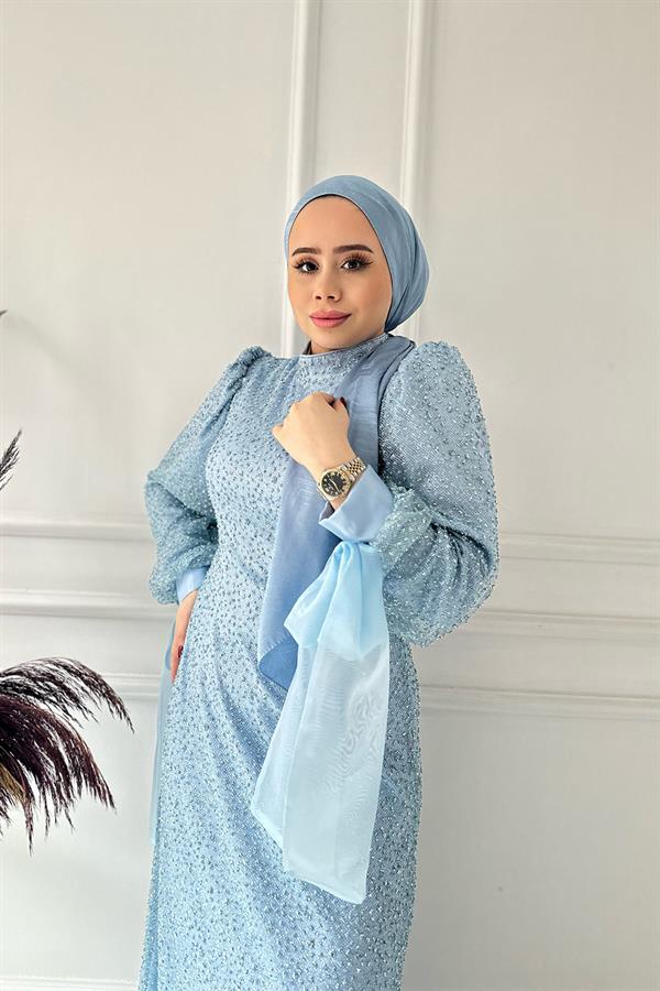 Kolu Kurdeleli Taşlı Elbise 2462 Mavi