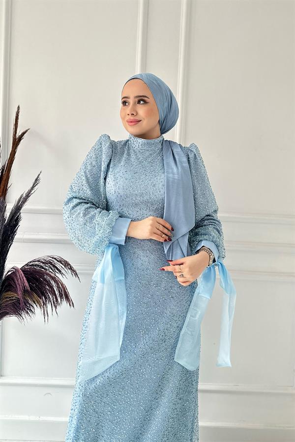 Kolu Kurdeleli Taşlı Elbise 2462 Mavi