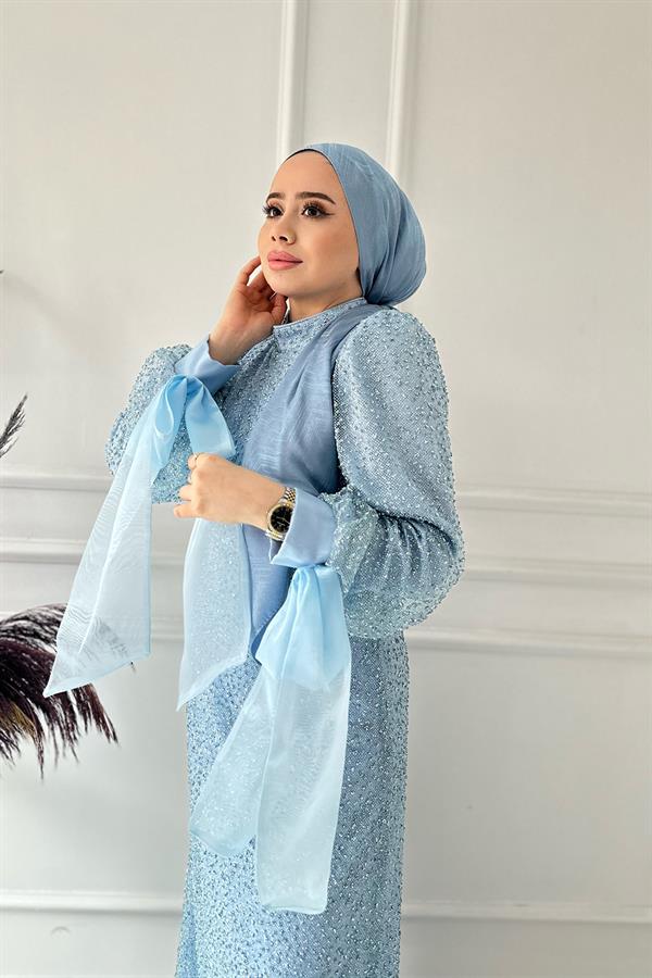Kolu Kurdeleli Taşlı Elbise 2462 Mavi