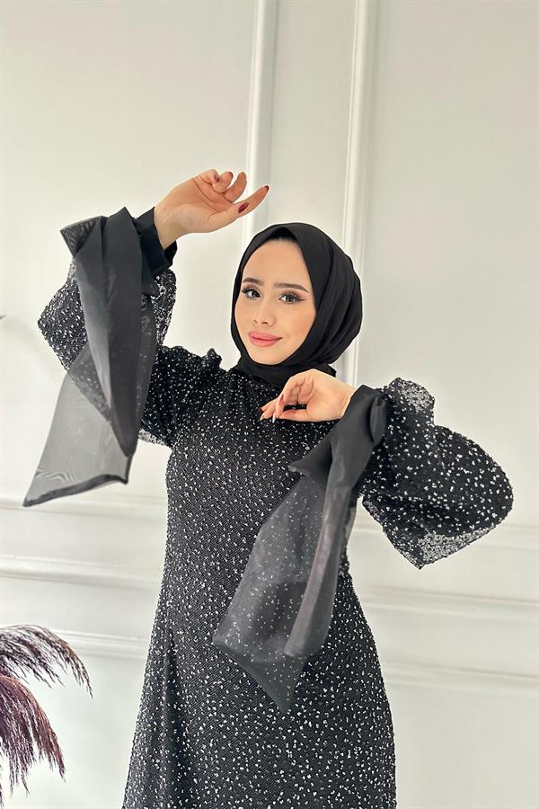 Kolu Kurdeleli Taşlı Elbise 2462 Siyah