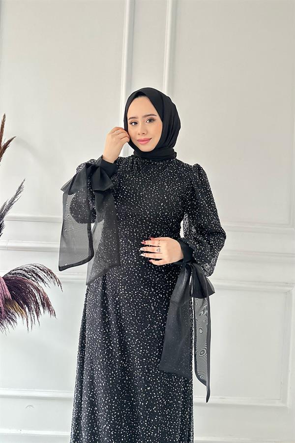 Kolu Kurdeleli Taşlı Elbise 2462 Siyah