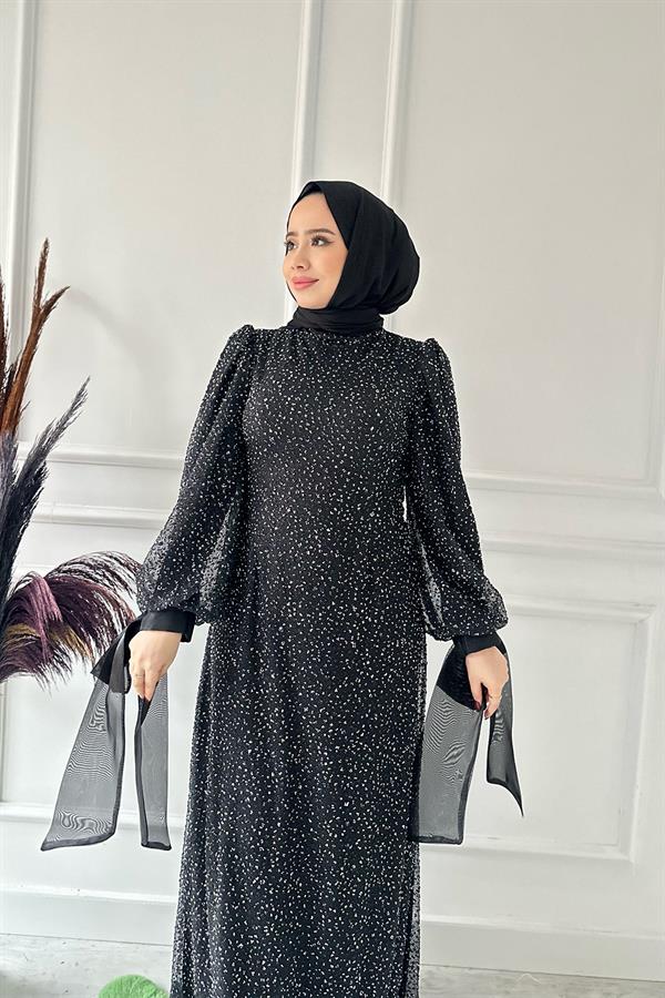 Kolu Kurdeleli Taşlı Elbise 2462 Siyah