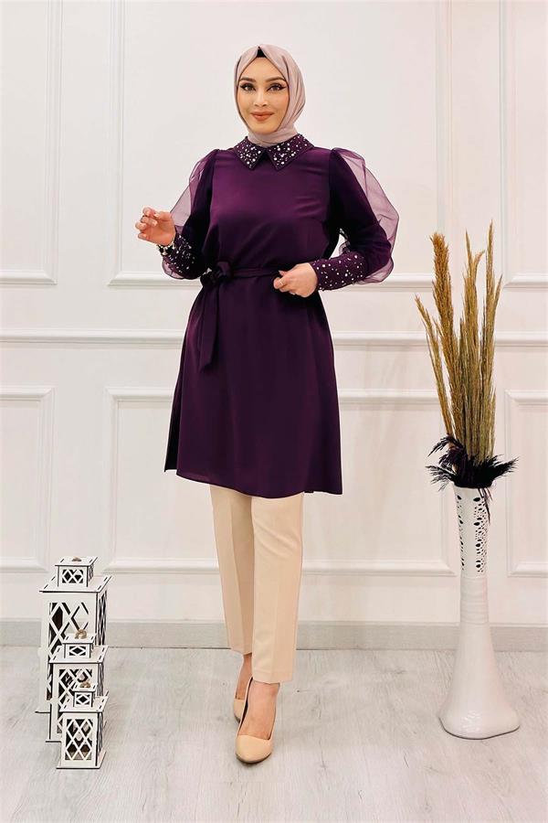 Kolu Tül Taş Detay Tunik 50221 Mürdüm