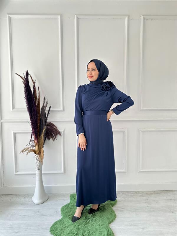 omuzu gül saten stil abiye 4900 Lacivert