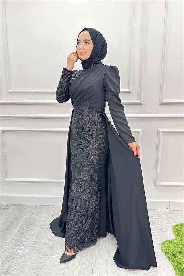 Önü Taş Simli Abiye 2422 Siyah