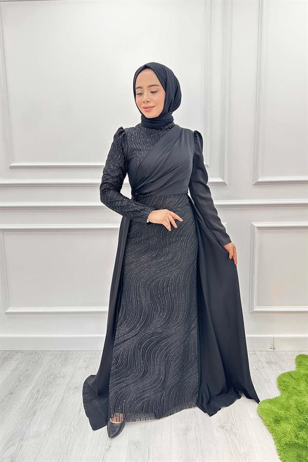 Önü Taş Simli Abiye 2422 Siyah