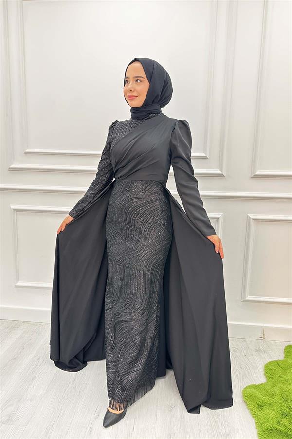 Önü Taş Simli Abiye 2422 Siyah