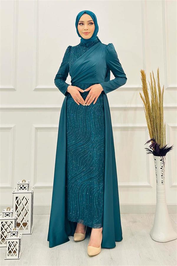 Önü Taş Simli Abiye 2422 Yeşil