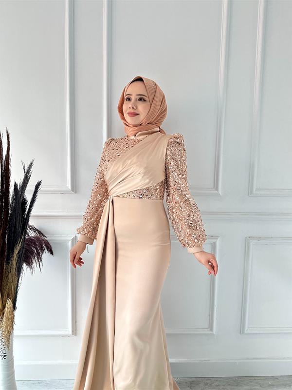 saten kol taşlı degajeli abiye 2472 Gold