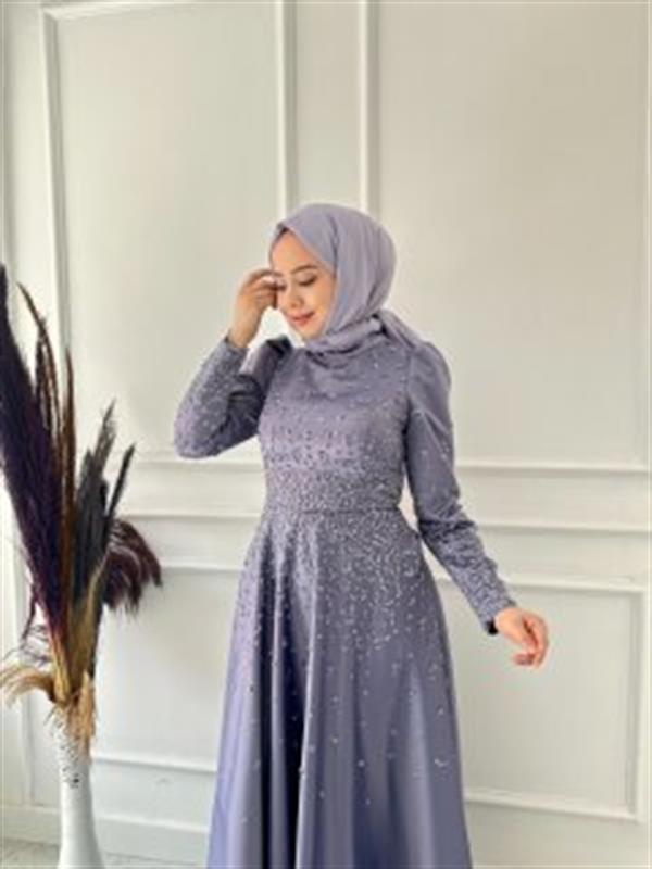 taşlı saten arabik abiye 4801 Lila