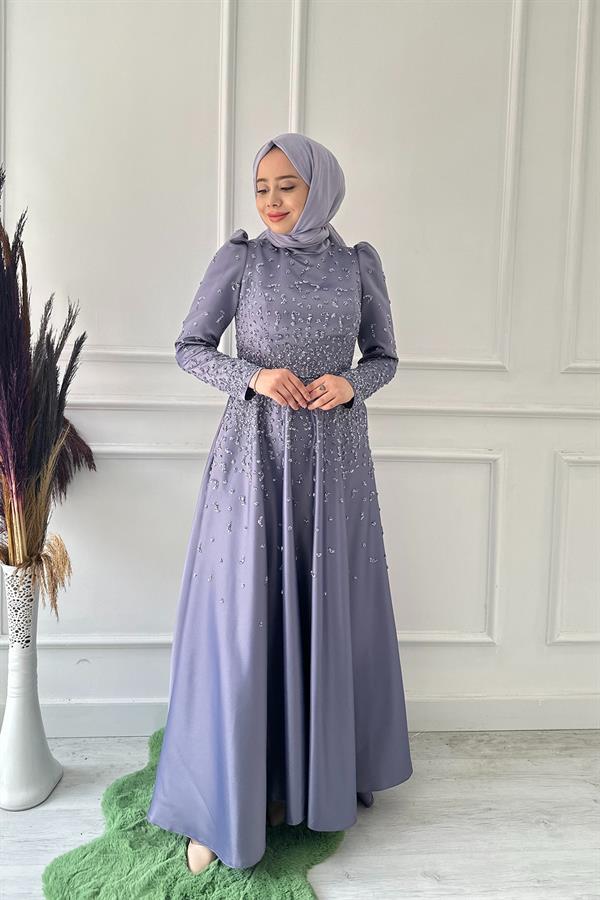 taşlı saten arabik abiye 4801 Lila