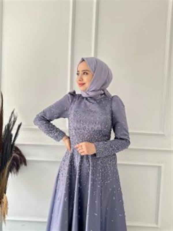 taşlı saten arabik abiye 4801 Lila