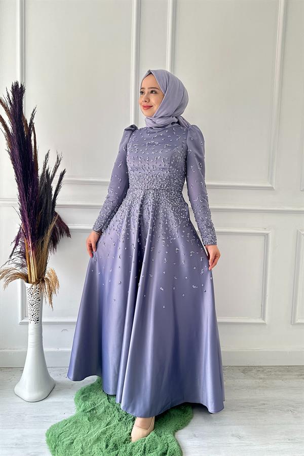 taşlı saten arabik abiye 4801 Lila