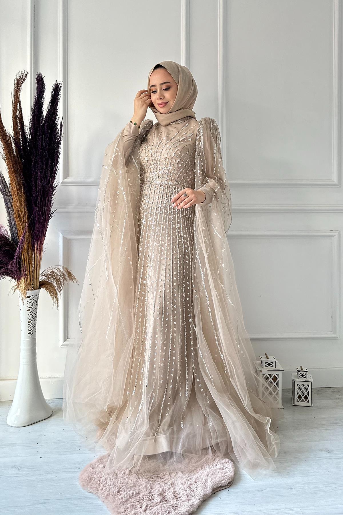 HENNİN KOMPLE PULLU KOL PELERİN  ABİYE 4776 Taş