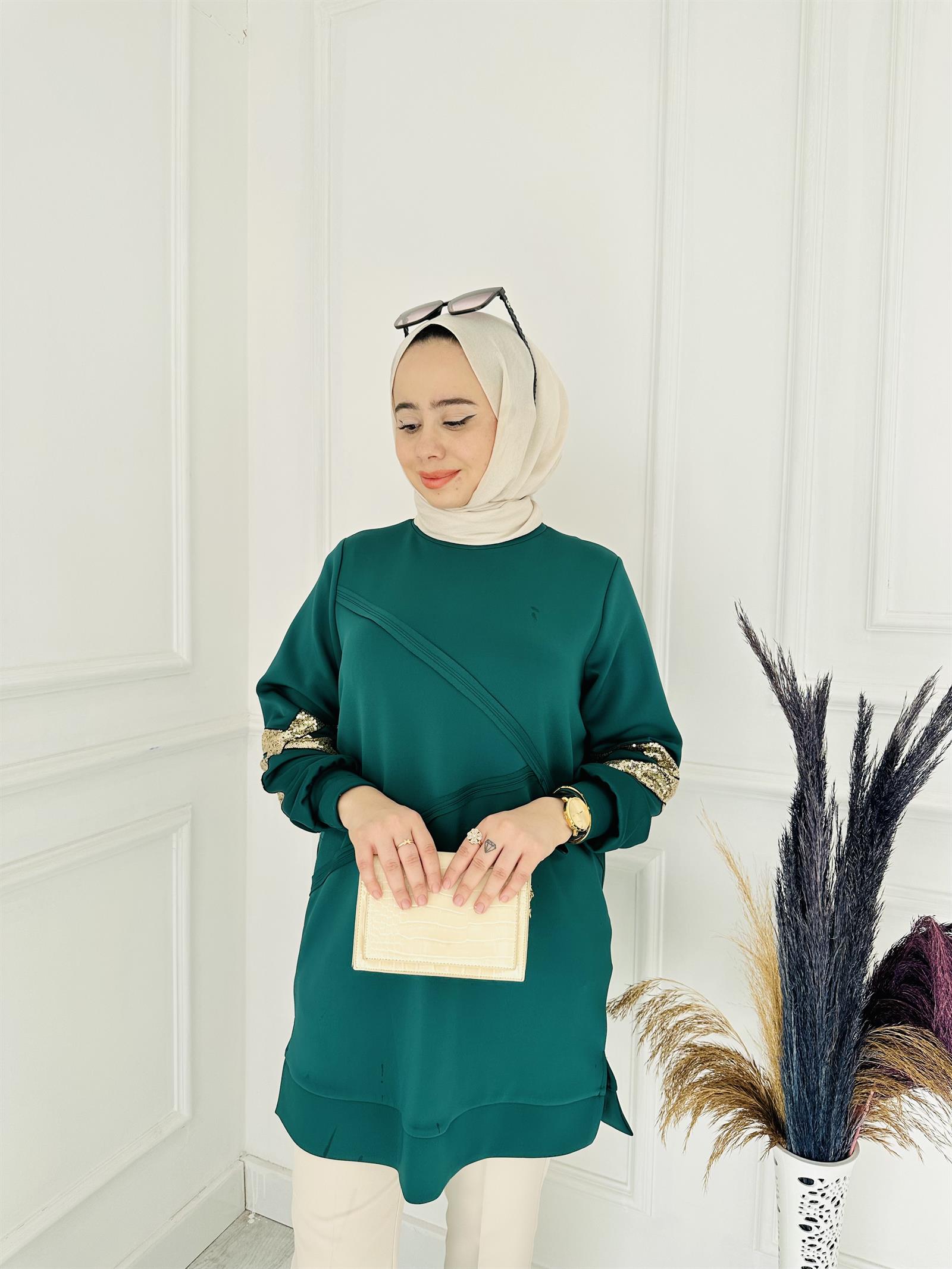 Kolu Pul Detay Suba Kumaş Tunik 10367 Zümrüt