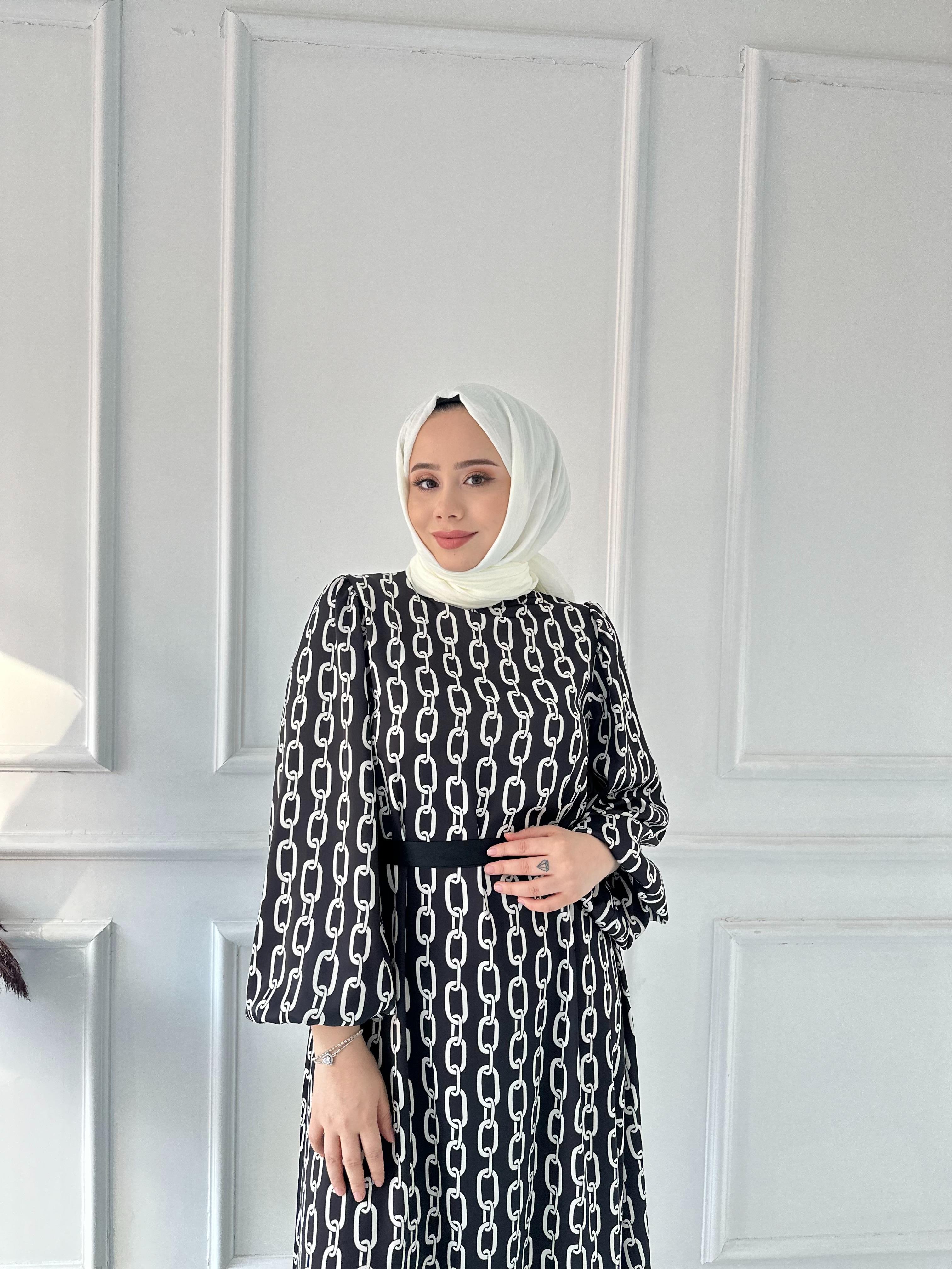 kuşaklı  desenli saten balon kol elb 1079 Siyah