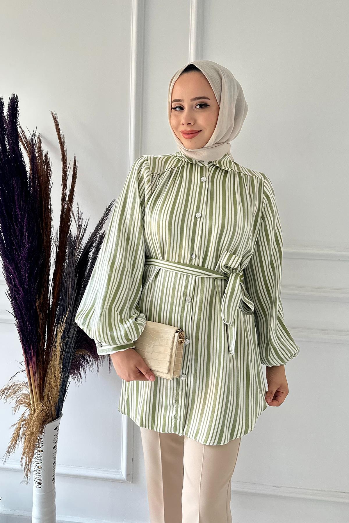 LAMELİF ÇİZGİLİ DĞML SATEN TNK 7368 Yeşil