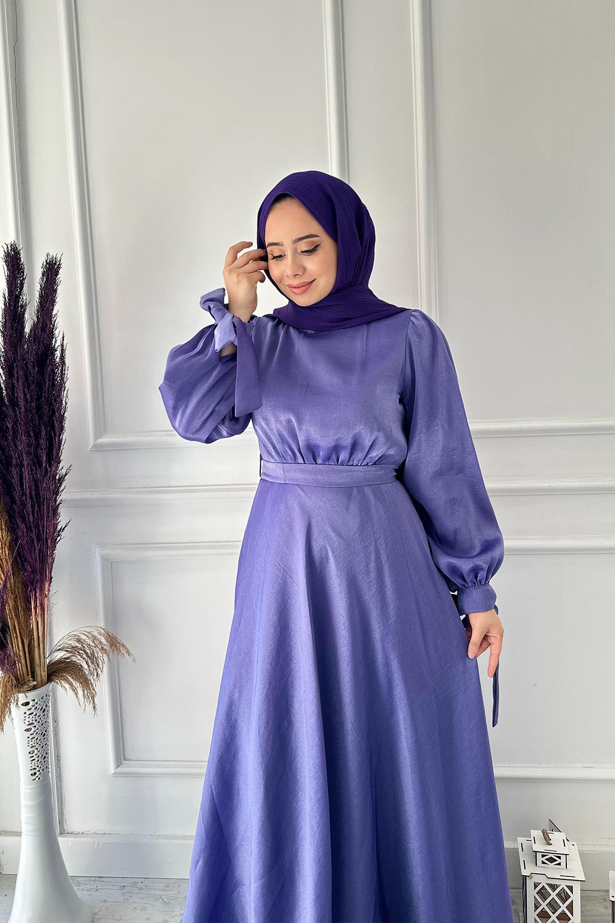 STİLİFE BEL KOL BAĞLAMA SATEN ABİYE 4971 Lila