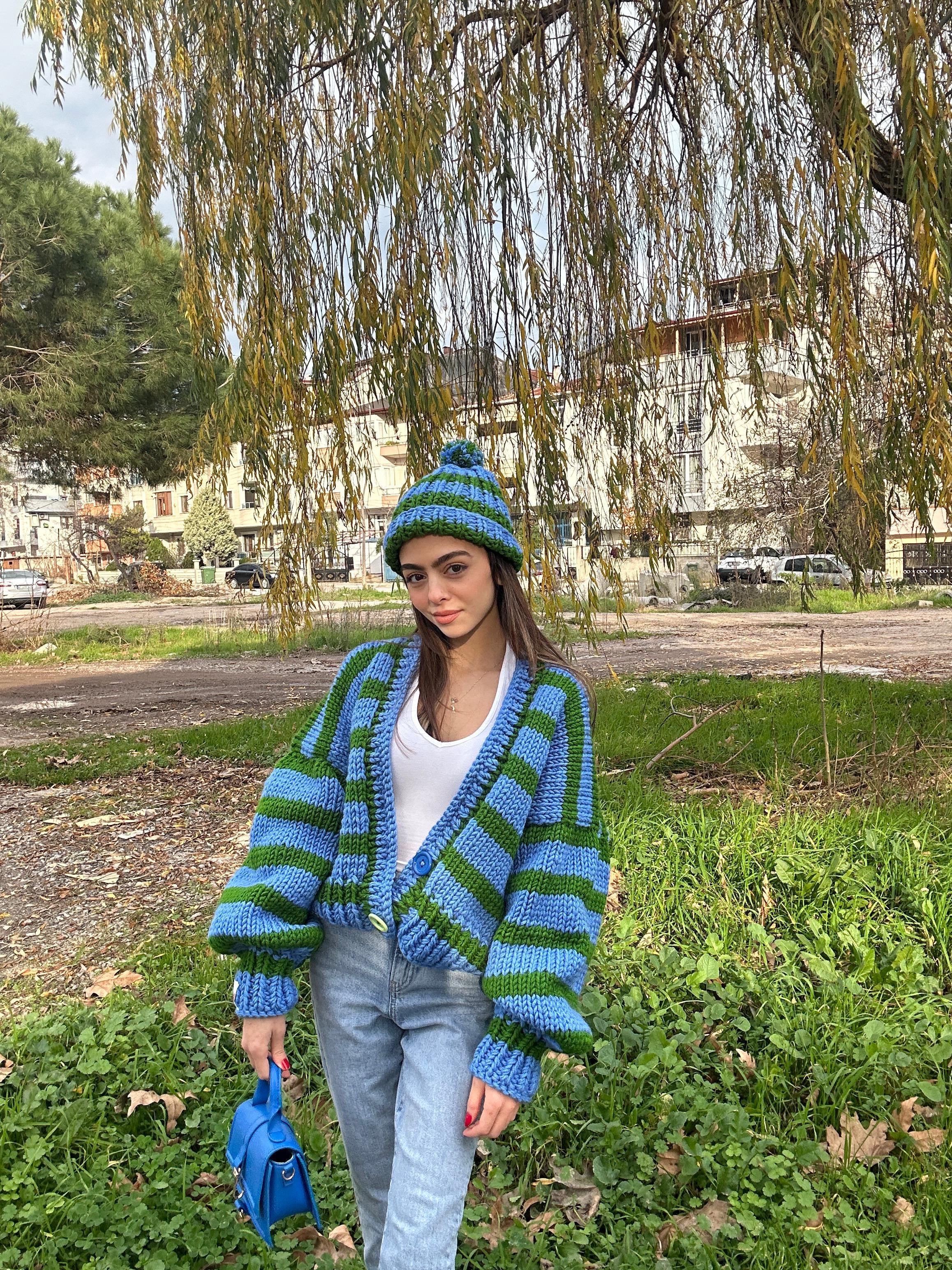 Blue/Green Striped Cardigan & Beanie