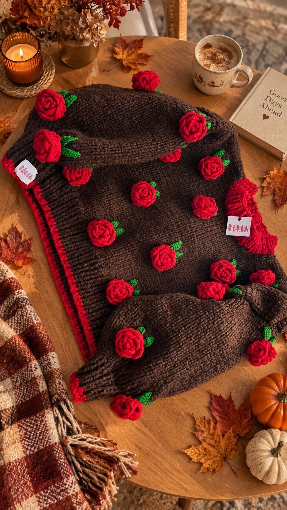 Cozy Brown Red Rose Sweater