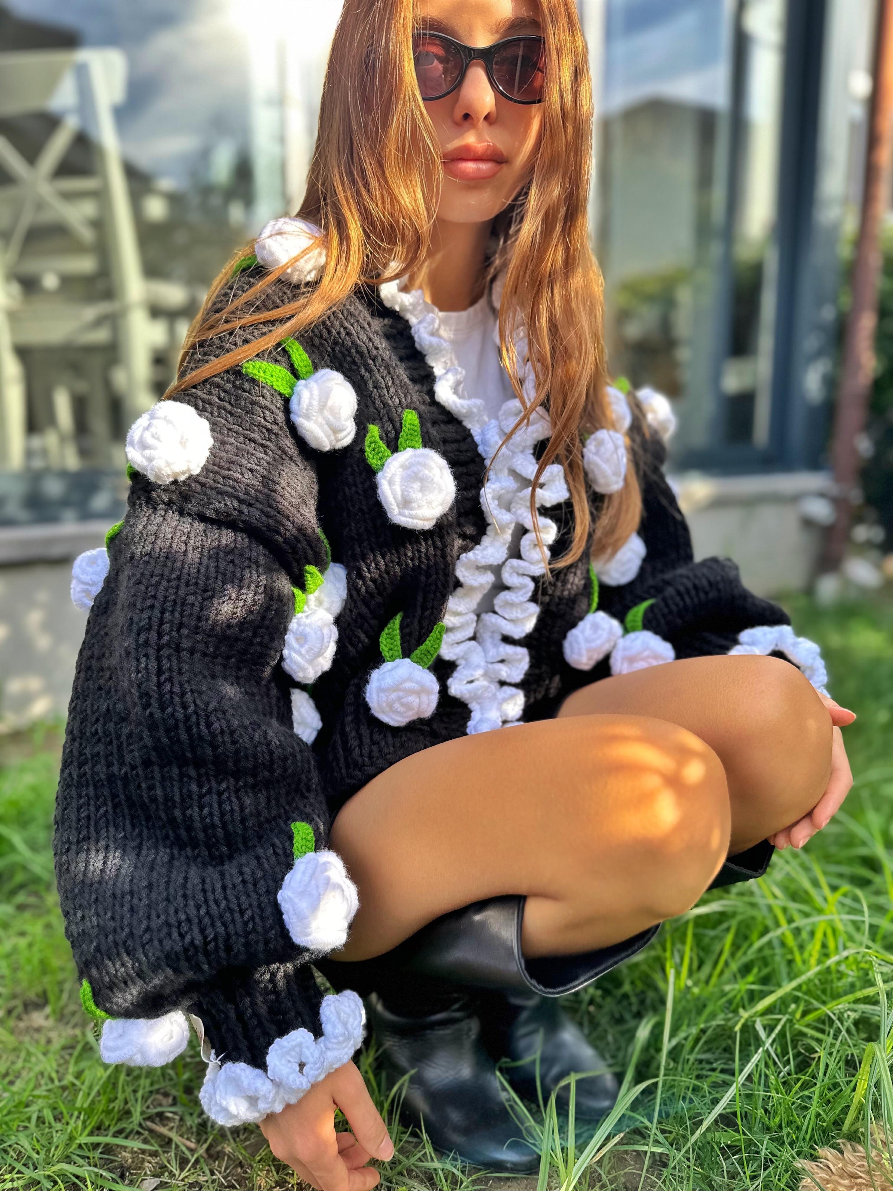 leilayca midnight roses hand-knit cardigan