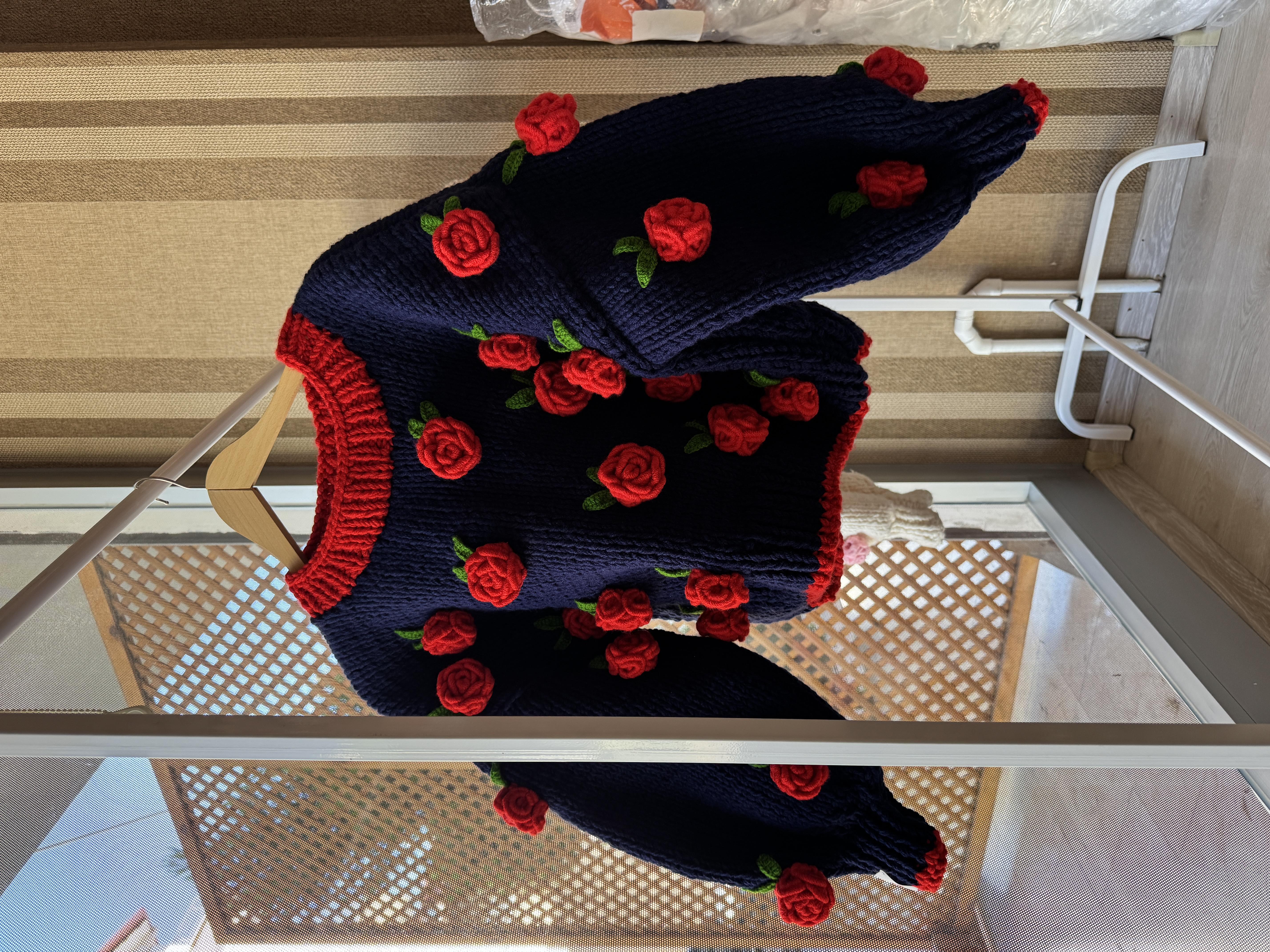Romantic Navy Blue Red Rose Sweater