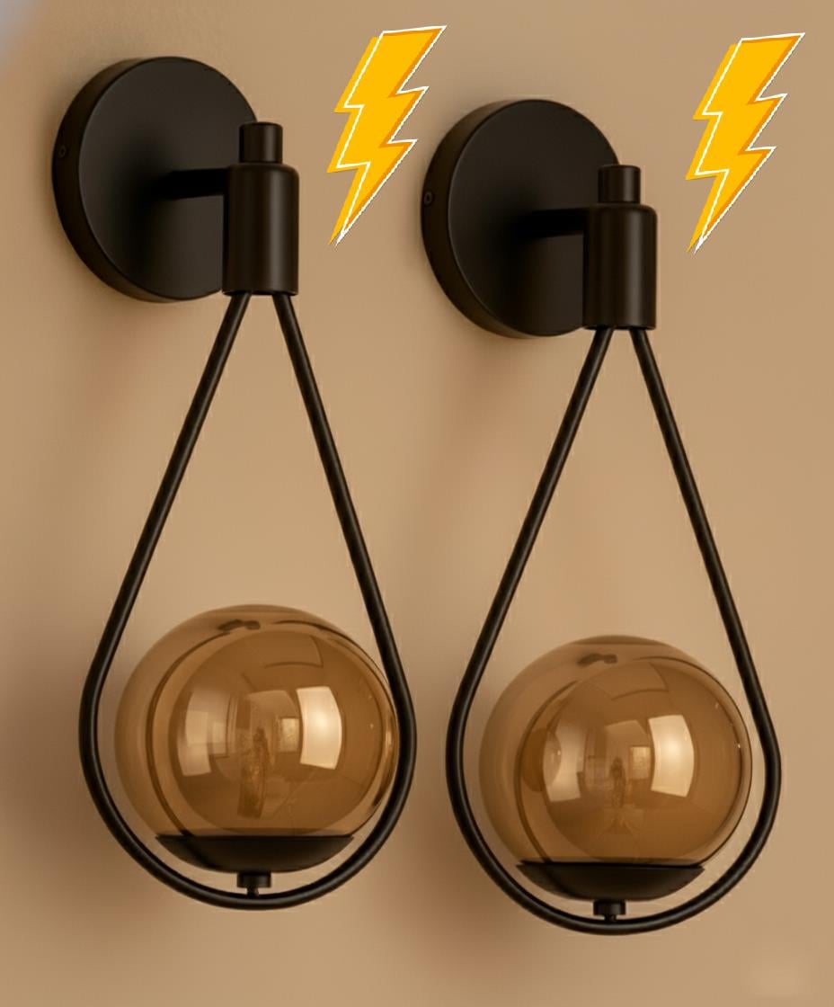 2li Badem Siyah Kasa Bal Glop Camlı Elektrikli Aplik ( Pilli Değildir )Feza BalCamlı Siyah Metal Modern 2 Adet Elektrikli Aplik