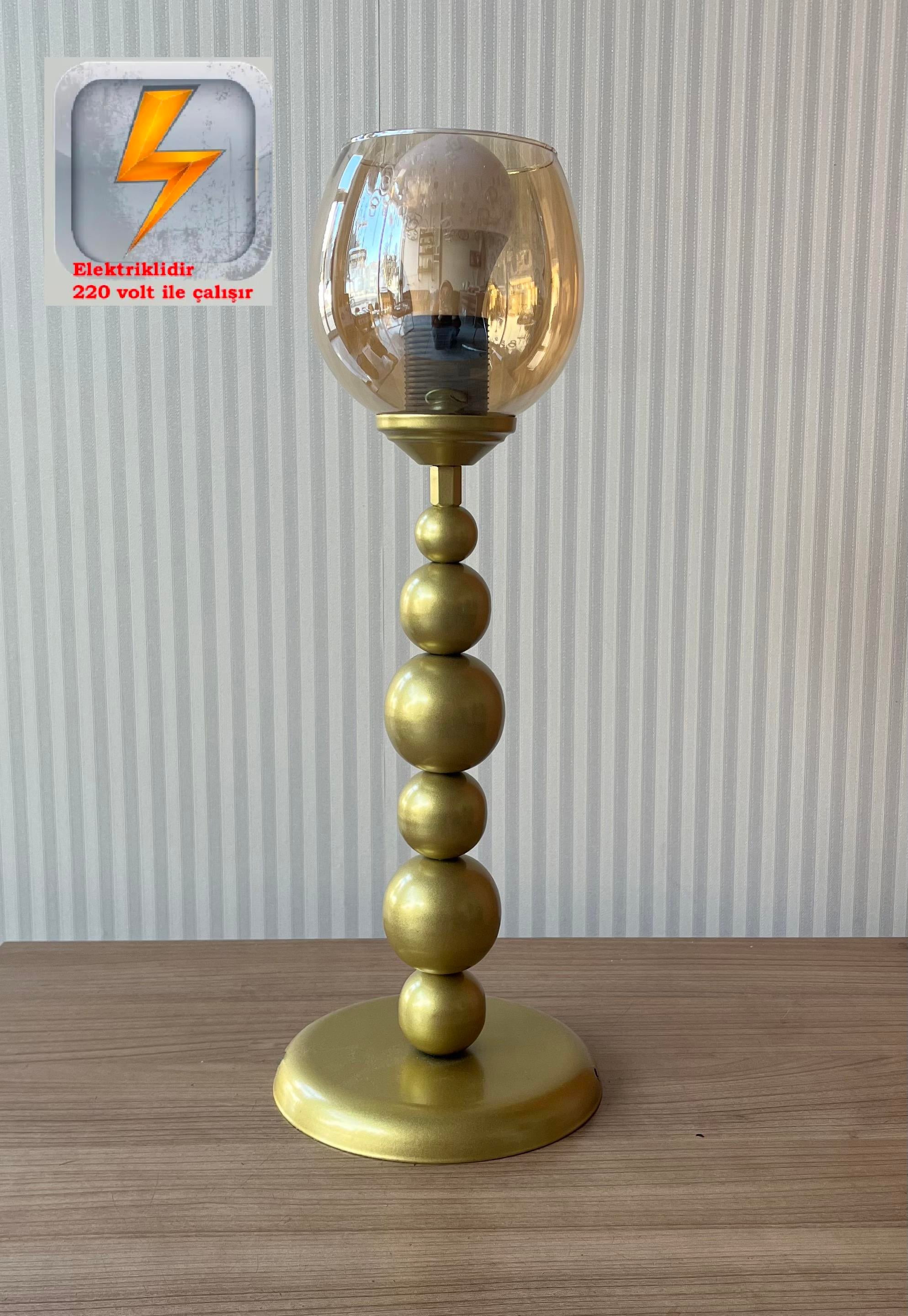 Elektrikli Pırıl Gold Kasa Bal Camlı Modern Dekoratif Metal Abajur (PİLLİ DEĞİLDİR)Kupa Gerçek Kristal Taşlı Pilli Abajur - Pil Dahildir