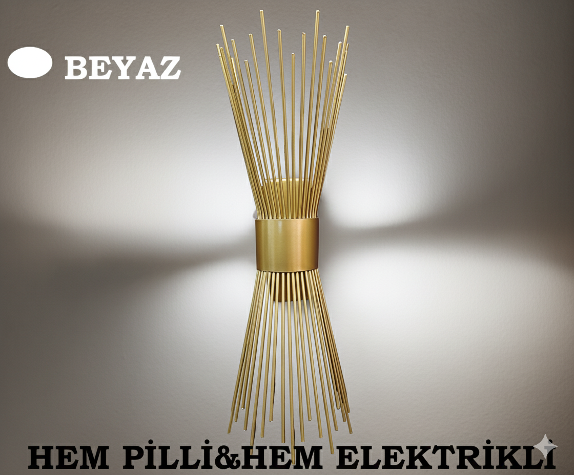 Hem Elektrikli Hem Pilli Sarı Hisar Metal Beyaz Işık Led Modern Dekoratif Duvar Aplik - Tek AdetFeza BalCamlı Siyah Metal Modern 2 Adet Pilli Aplik - Özel Tasarım Lamba ve Pil Dahildir