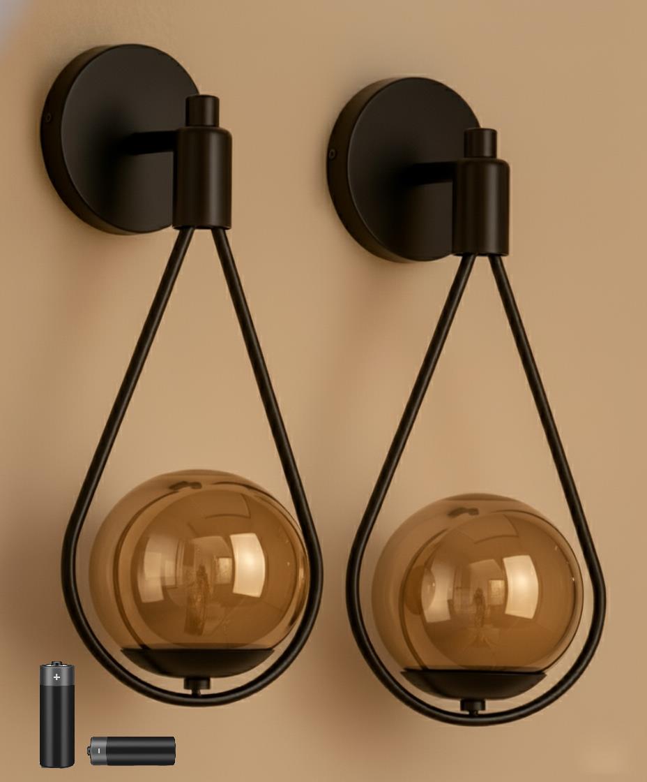 2li Badem Siyah Kasa Beyaz Glop Camlı Metal Pilli Aplik - Özel Tasarım Lamba ve Pil DahilFeza BalCamlı Siyah Metal Modern 2 Adet Pilli Aplik - Özel Tasarım Lamba ve Pil Dahildir