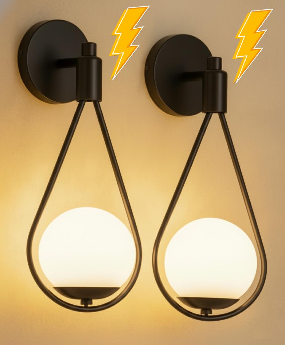 2li Badem Siyah Kasa Beyaz Glop Camlı Elektrikli Aplik ( Pilli Değildir )Feza BalCamlı Siyah Metal Modern 2 Adet Elektrikli Aplik