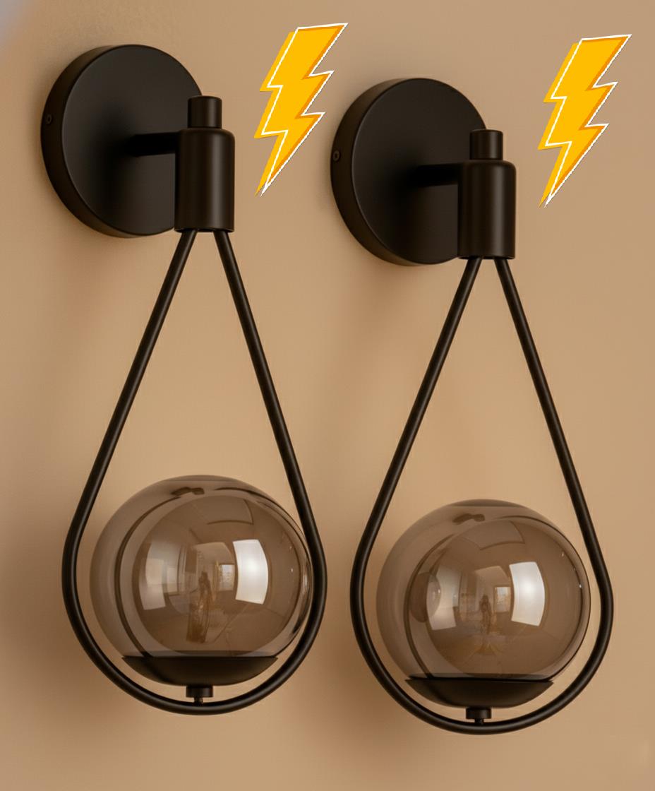2li Badem Siyah Kasa Füme Glop Camlı Elektrikli Aplik ( Pilli Değildir )Feza BalCamlı Siyah Metal Modern 2 Adet Elektrikli Aplik