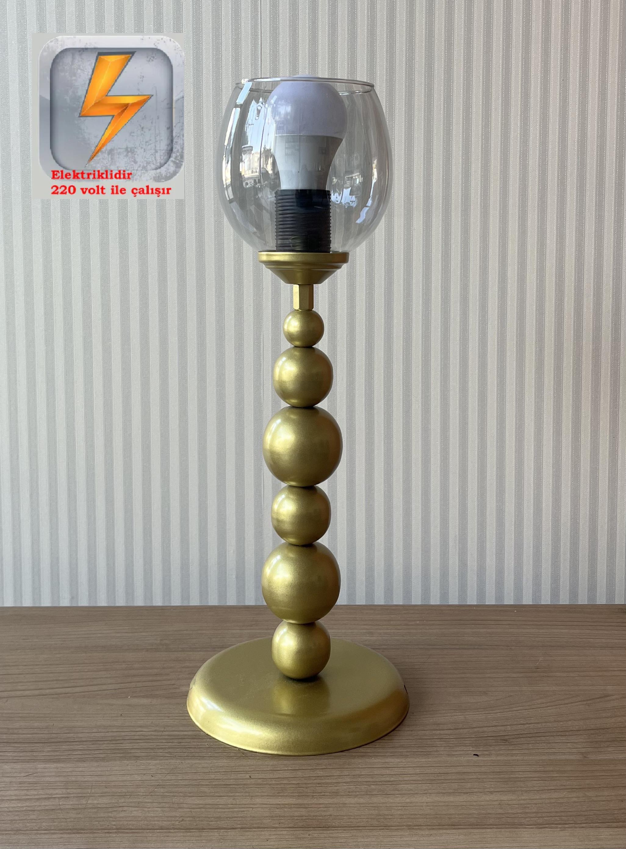 Elektrikli Pırıl Gold Kasa Füme Camlı Modern Dekoratif Metal Abajur (PİLLİ DEĞİLDİR)Kupa Gerçek Kristal Taşlı Pilli Abajur - Pil Dahildir
