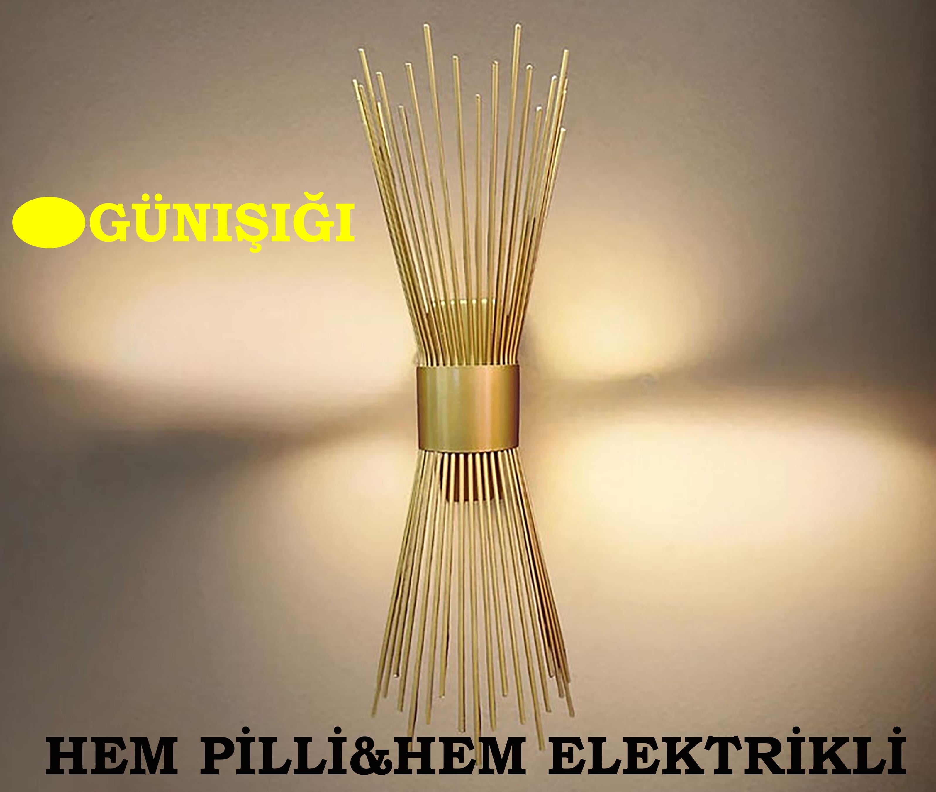 Hem Elektrikli Hem Pilli Sarı Hisar Metal Günışığı Led Modern Dekoratif Duvar Aplik - Tek AdetFeza BalCamlı Siyah Metal Modern 2 Adet Pilli Aplik - Özel Tasarım Lamba ve Pil Dahildir