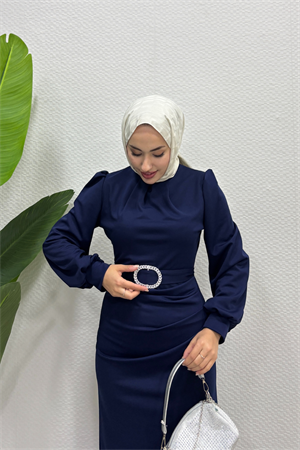  Scuba Seçil Detaylı Tesettür Elbise Lacivert
