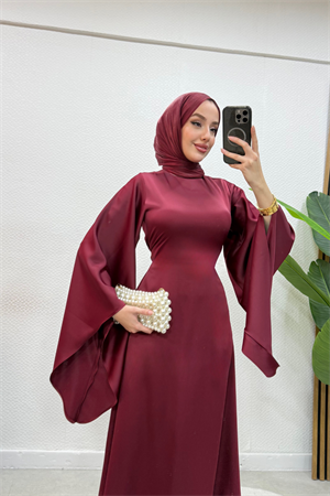 Bordo Yarasa Kol Zara Saten Tesettür Abiye Elbise