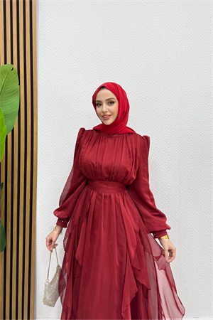 Fırfırlı Kuşaklı Şifon Tesettür Abiye Bordo