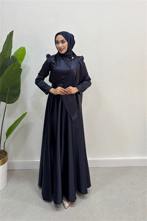 İnci Detaylı Damla Model Saten Abiye Lacivert
