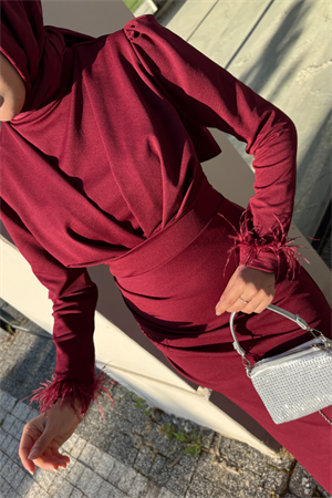 Kuyruklu Zara Kumaş Kolları Püsküllü Tesettür Abiye Bordo