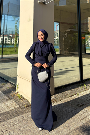 Kuyruklu Zara Kumaş Kolları Püsküllü Tesettür Abiye Lacivert