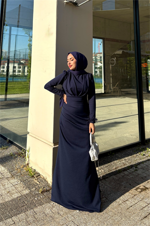 Kuyruklu Zara Kumaş Kolları Püsküllü Tesettür Abiye Lacivert