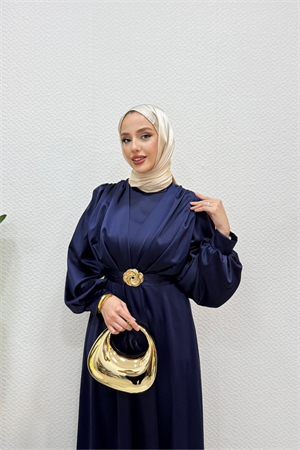 Lacivert Gold Tokalı Saten Tesettür Abiye Elbise