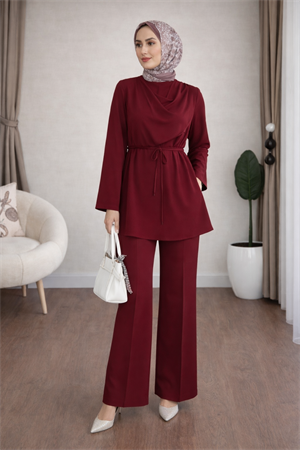 Önü Drapeli İpli Tesettür Takım Bordo