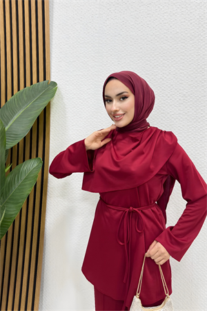 Önü Drapeli İpli Tesettür Takım Bordo