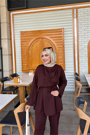 Önü Drapeli İpli Tesettür Takım Kahve